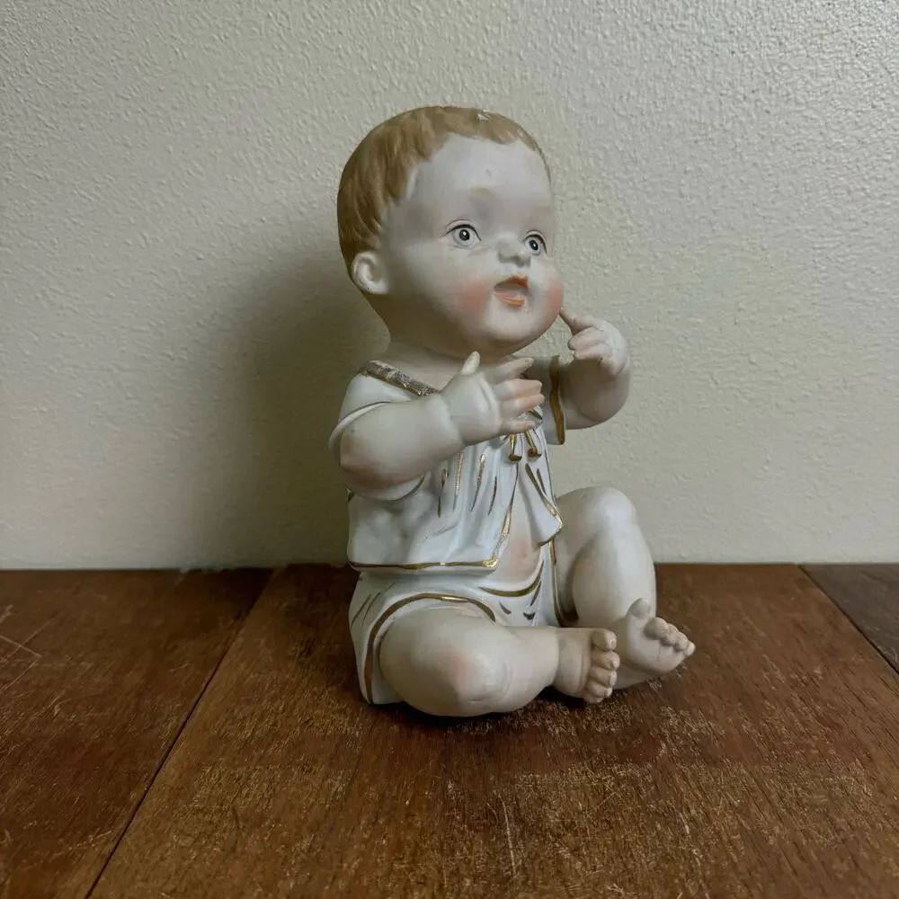Vintage Bisque Porcelain Baby Boy with‎ gold accents nursery shelf decor